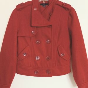XXI women's red peacoat size Large. collared vneck button down fau…